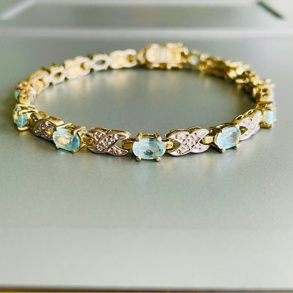 Topaz & Diamond Crossover X Link Gold Vermeil Sterling Silver Tennis Bra… - Picture 2 of 6